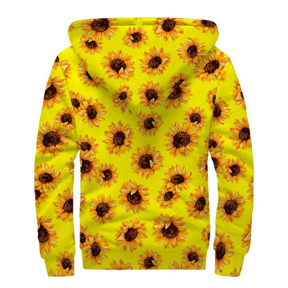Yellow Sunflower Pattern Print Sherpa Lined Zip Up Hoodie