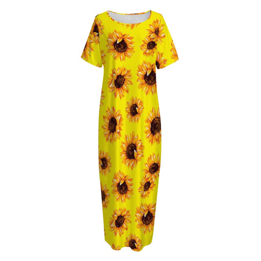 Yellow Sunflower Pattern Print Short Sleeve Long Nightdress
