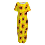 Yellow Sunflower Pattern Print Short Sleeve Long Nightdress