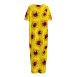 Yellow Sunflower Pattern Print Short Sleeve Long Nightdress