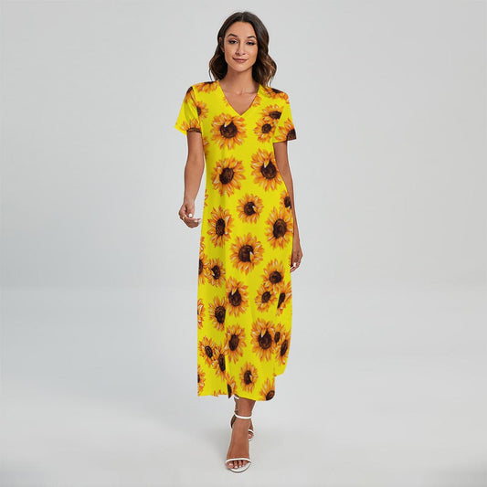 Yellow Sunflower Pattern Print Short Sleeve Maxi Dress