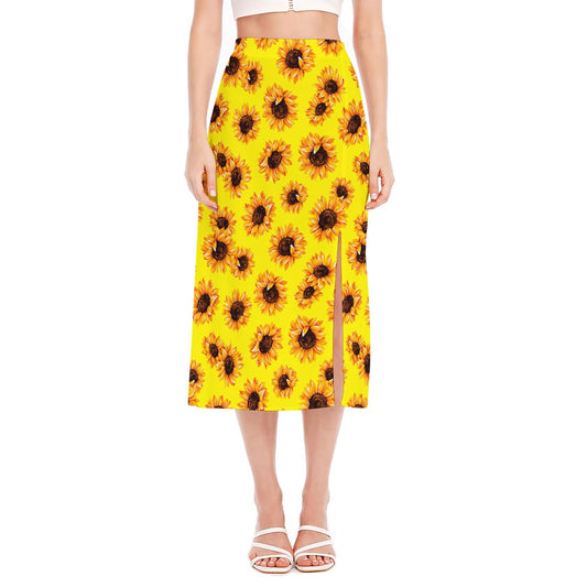 Yellow Sunflower Pattern Print Side Slit Midi Skirt