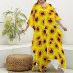 Yellow Sunflower Pattern Print Silk V-Neck Kaftan Dress