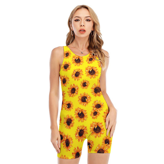 Yellow Sunflower Pattern Print Sleeveless One Piece Swimsuit