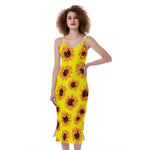 Yellow Sunflower Pattern Print Slim Fit Midi Cami Dress