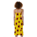 Yellow Sunflower Pattern Print Slim Fit Midi Cami Dress
