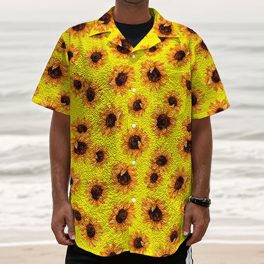 Yellow Sunflower Pattern Print Textured Short Sleeve Shirt