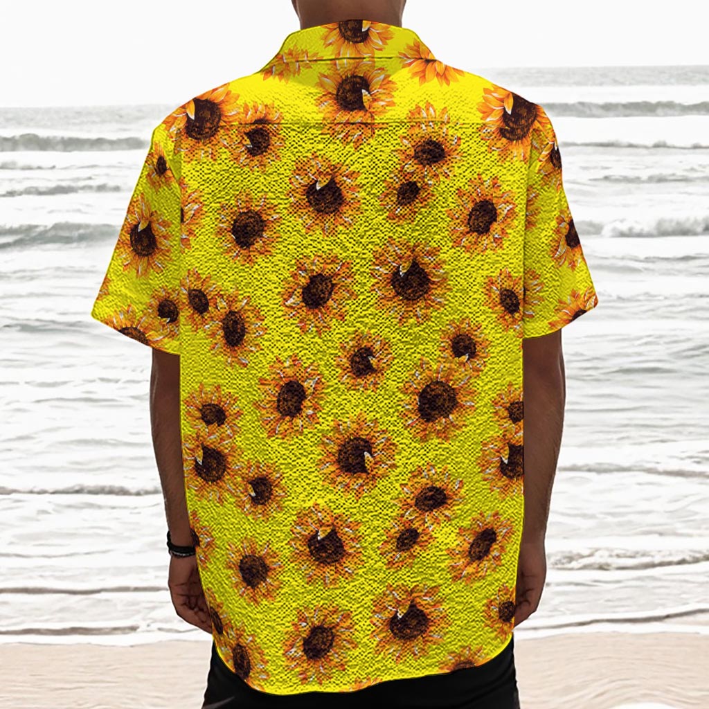 Yellow Sunflower Pattern Print Textured Short Sleeve Shirt