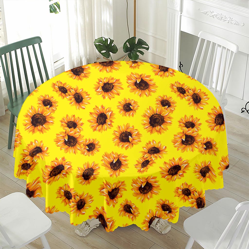 Yellow Sunflower Pattern Print Waterproof Round Tablecloth