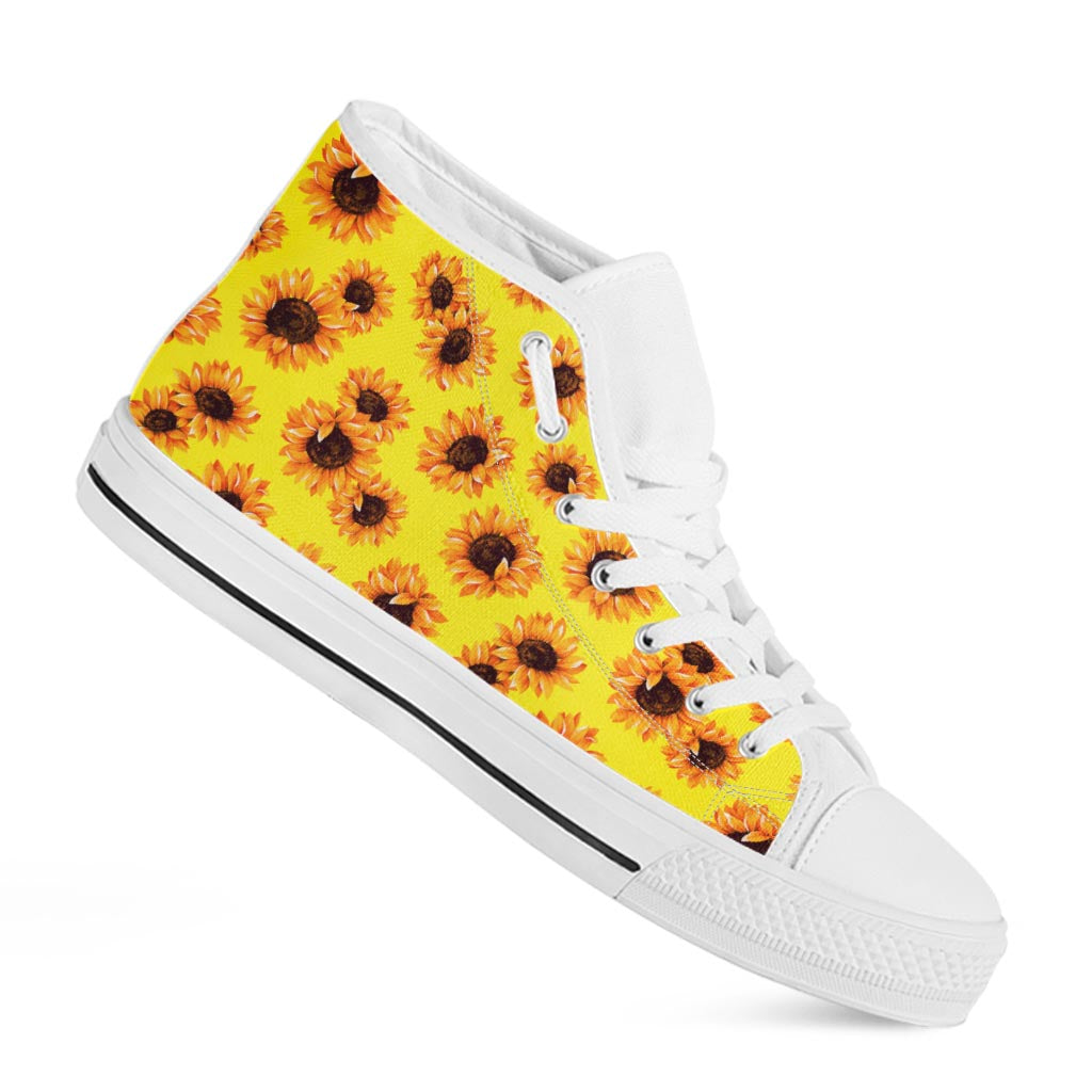 Yellow Sunflower Pattern Print White High Top Sneakers