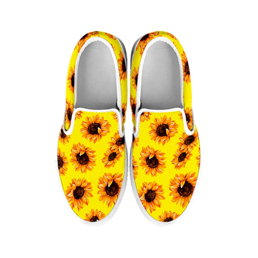 Yellow Sunflower Pattern Print White Slip On Sneakers