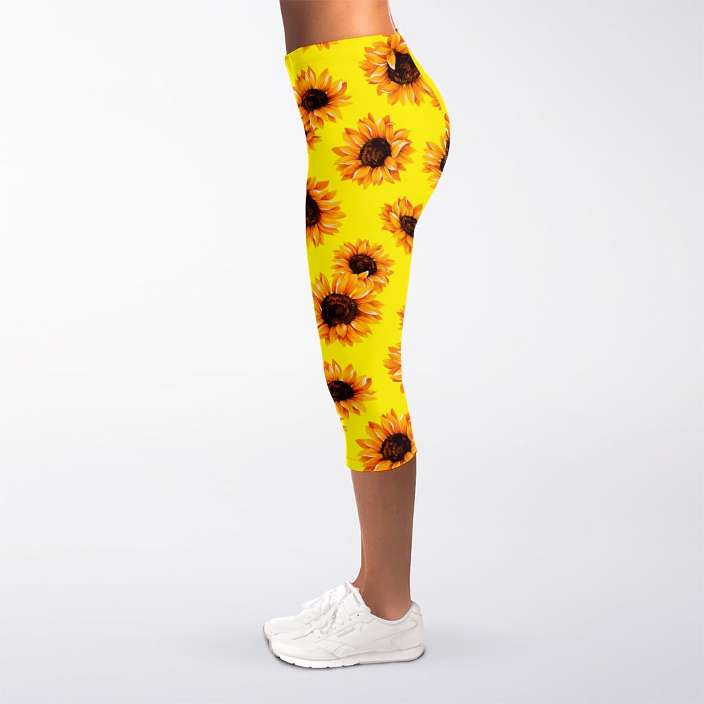 Yellow Sunflower Pattern Print Women's Capri Leggings