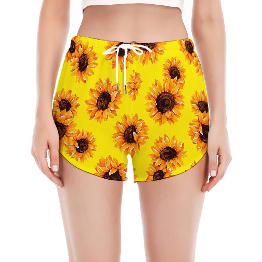 Yellow Sunflower Pattern Print Women's Split Running Shorts