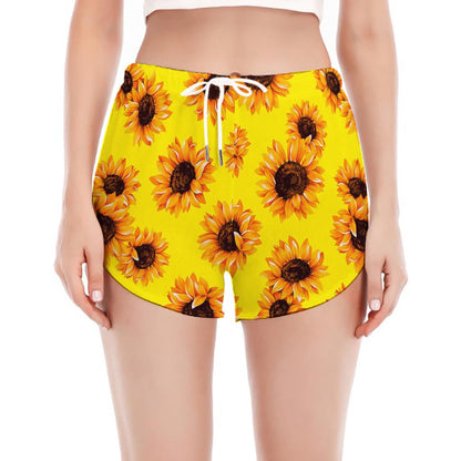 Yellow Sunflower Pattern Print Women's Split Running Shorts