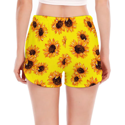 Yellow Sunflower Pattern Print Women's Split Running Shorts