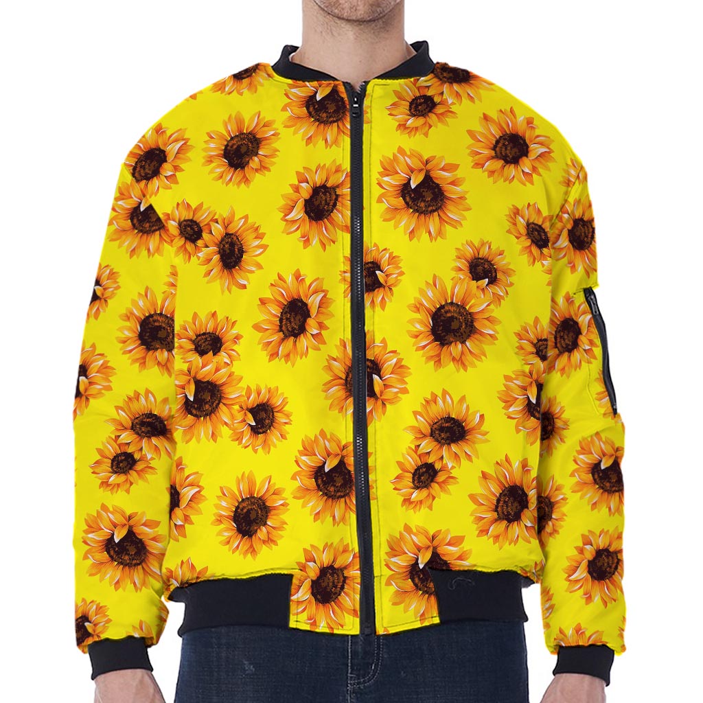 Yellow Sunflower Pattern Print Zip Sleeve Bomber Jacket