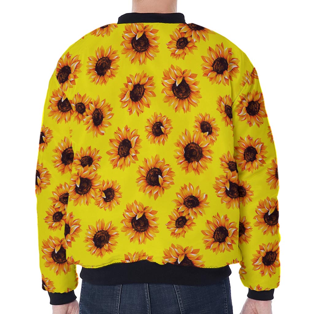 Yellow Sunflower Pattern Print Zip Sleeve Bomber Jacket