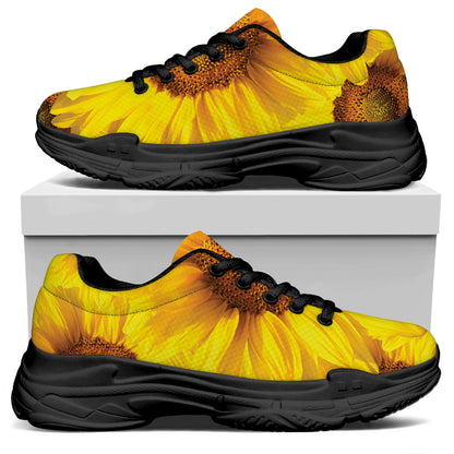 Yellow Sunflower Print Black Chunky Shoes