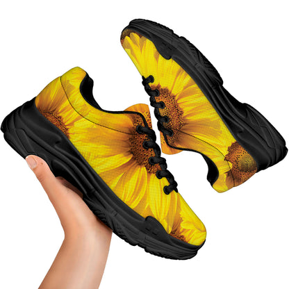Yellow Sunflower Print Black Chunky Shoes