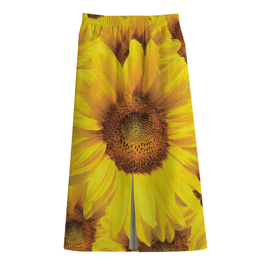 Yellow Sunflower Print Cotton Front Slit Maxi Skirt