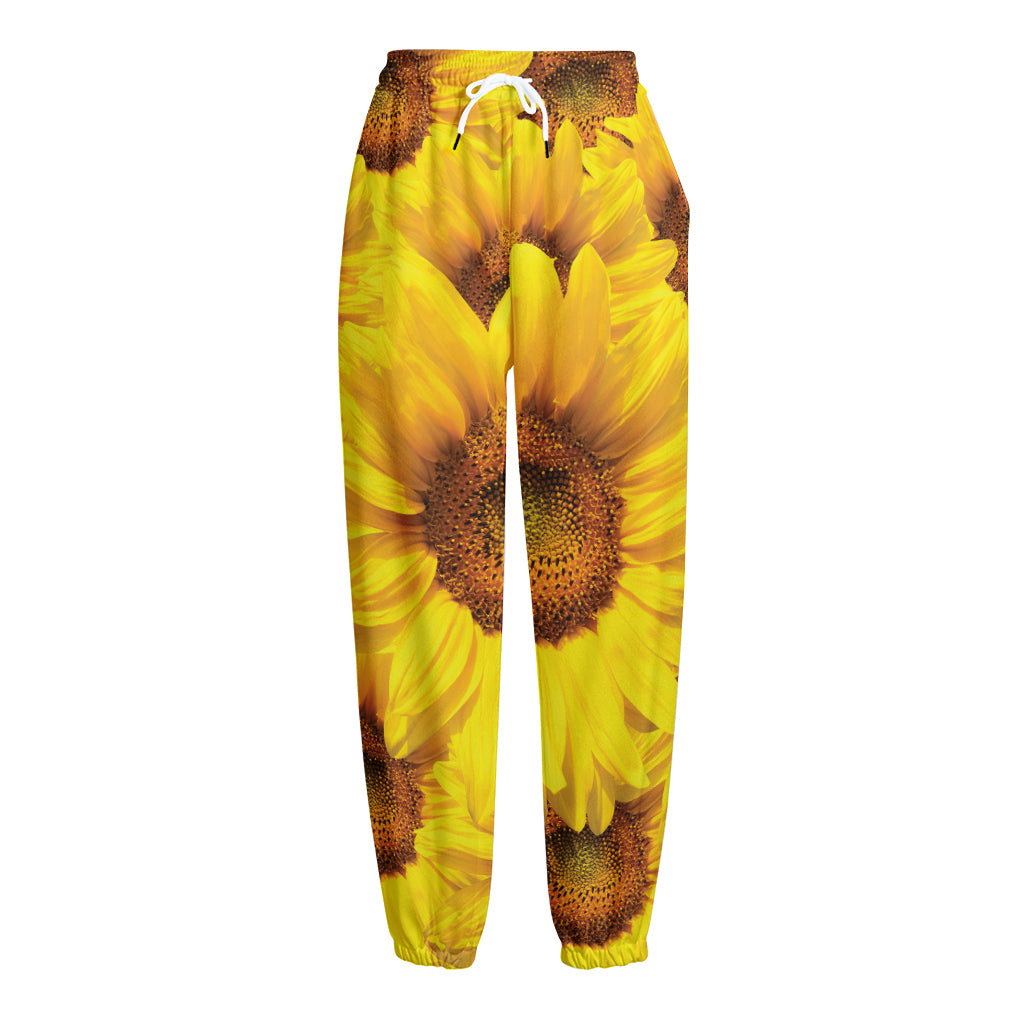 Yellow Sunflower Print Fleece Lined Knit Pants