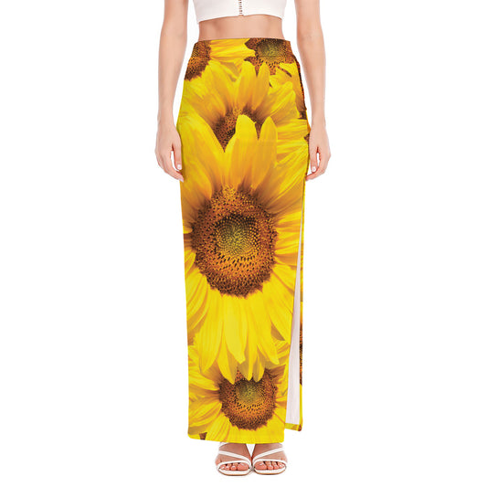 Yellow Sunflower Print High Slit Maxi Skirt