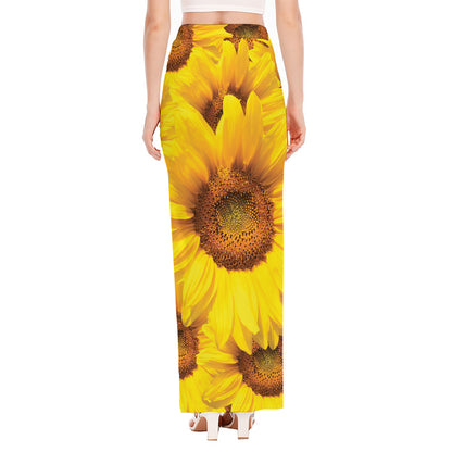 Yellow Sunflower Print High Slit Maxi Skirt
