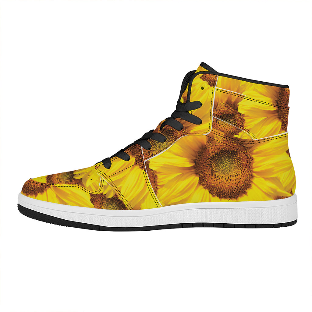 Yellow Sunflower Print High Top Leather Sneakers