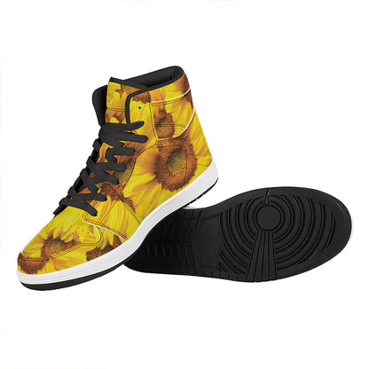 Yellow Sunflower Print High Top Leather Sneakers