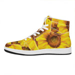 Yellow Sunflower Print High Top Leather Sneakers
