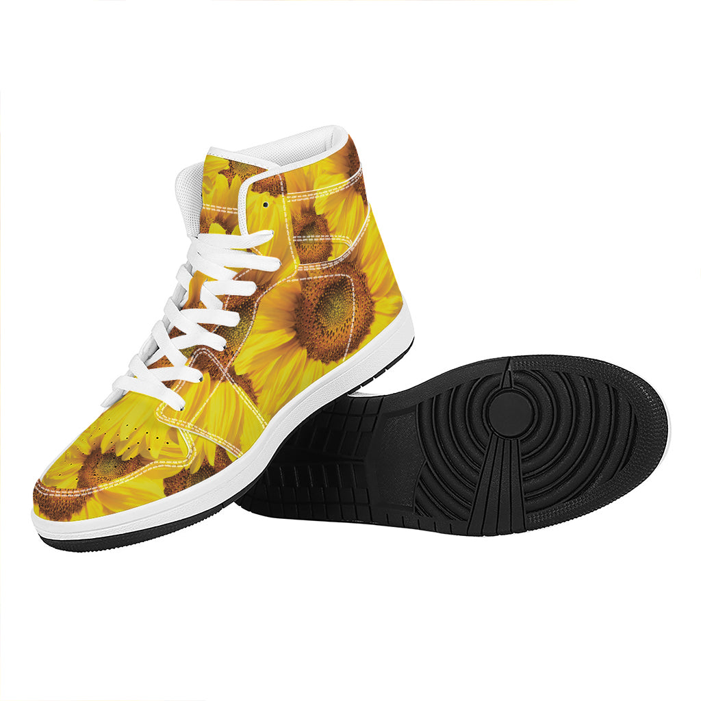 Yellow Sunflower Print High Top Leather Sneakers
