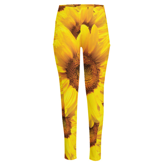 Yellow Sunflower Print High-Waisted Pocket Leggings