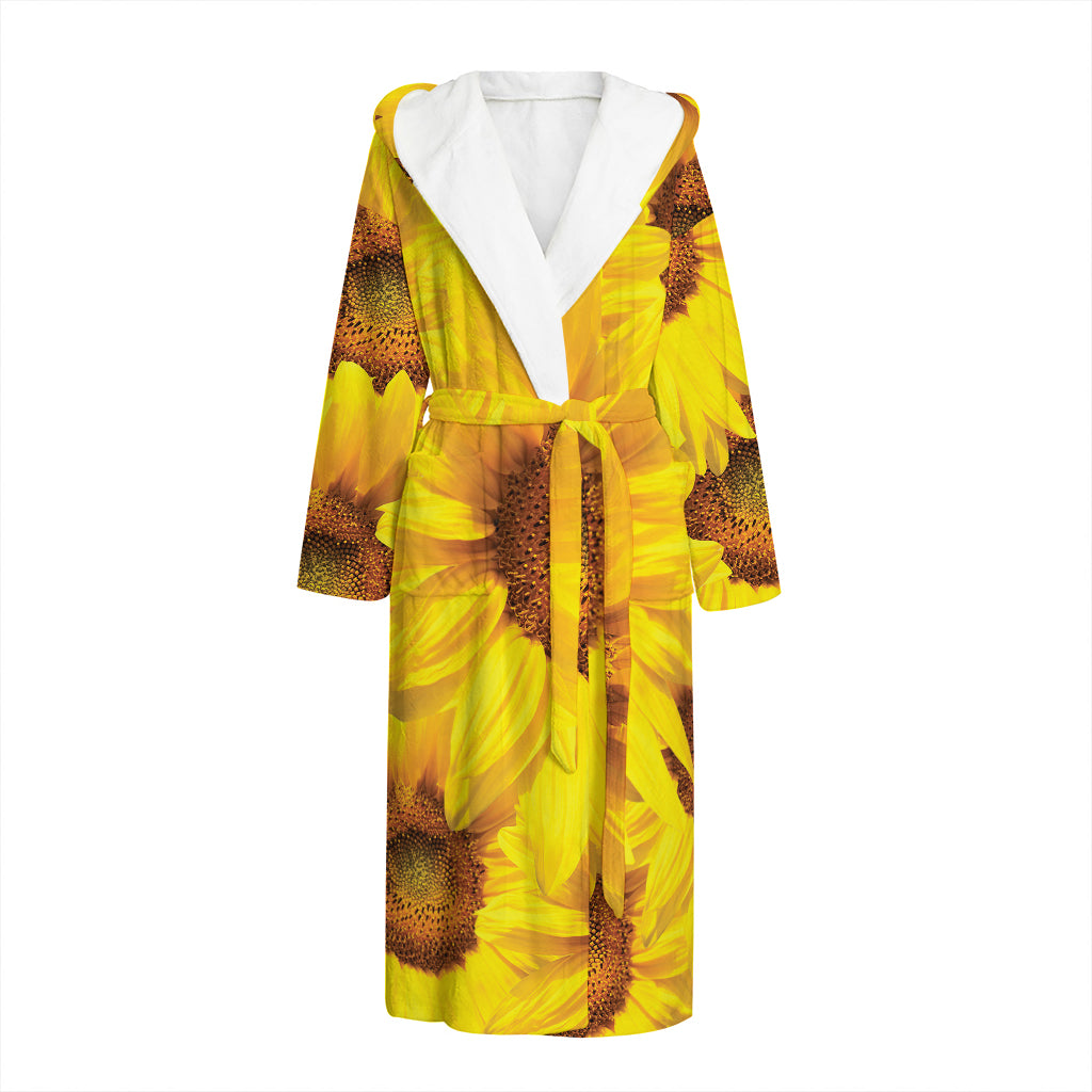 Yellow Sunflower Print Hooded Bathrobe