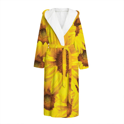 Yellow Sunflower Print Hooded Bathrobe