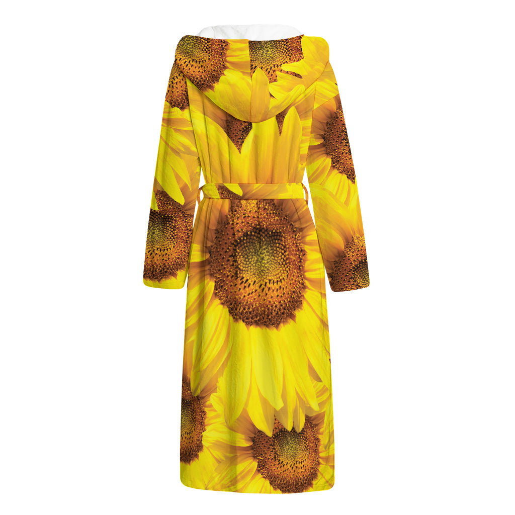 Yellow Sunflower Print Hooded Bathrobe