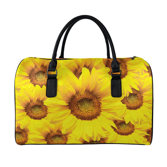 Yellow Sunflower Print Leather Duffle Bag