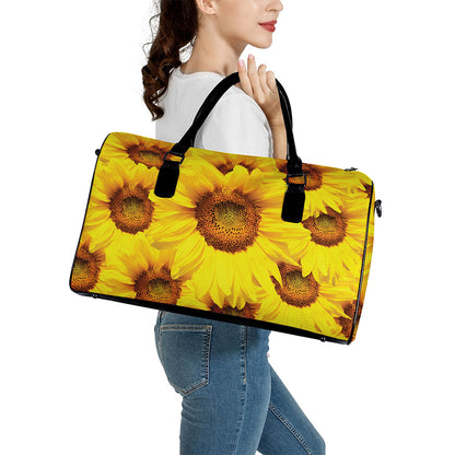 Yellow Sunflower Print Leather Duffle Bag