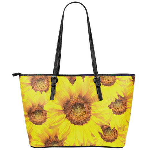 Yellow Sunflower Print Leather Tote Bag