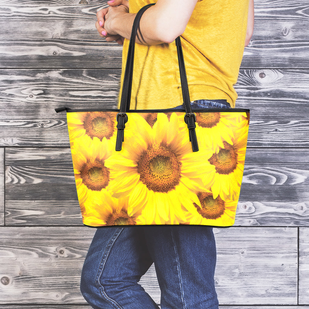 Yellow Sunflower Print Leather Tote Bag