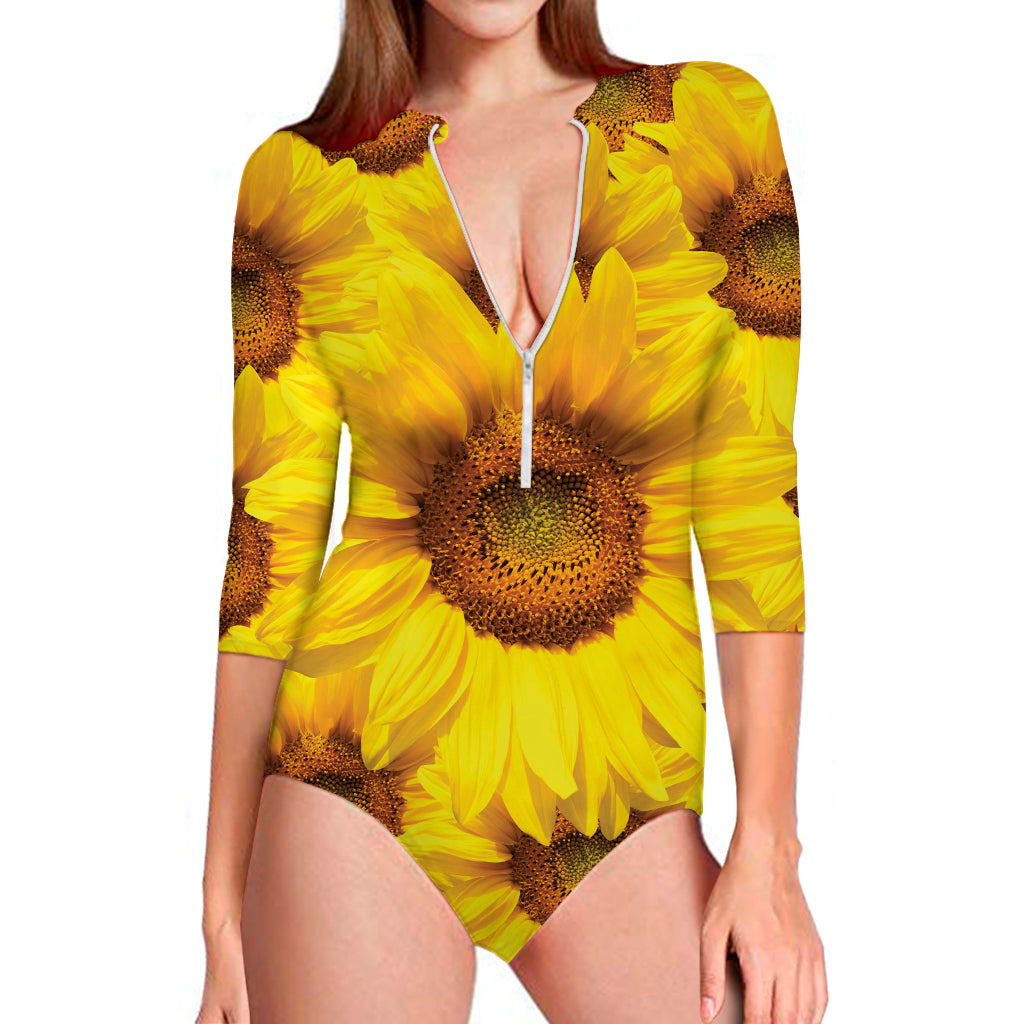 Yellow Sunflower Print Long Sleeve Swimsuit