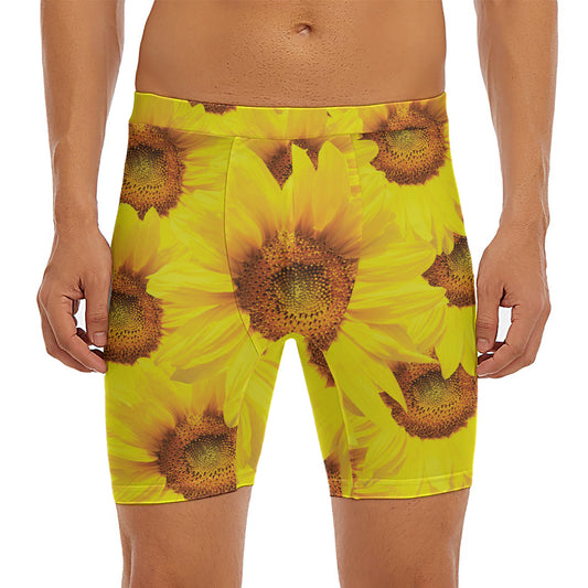 Yellow Sunflower Print Men's Long Boxer Briefs