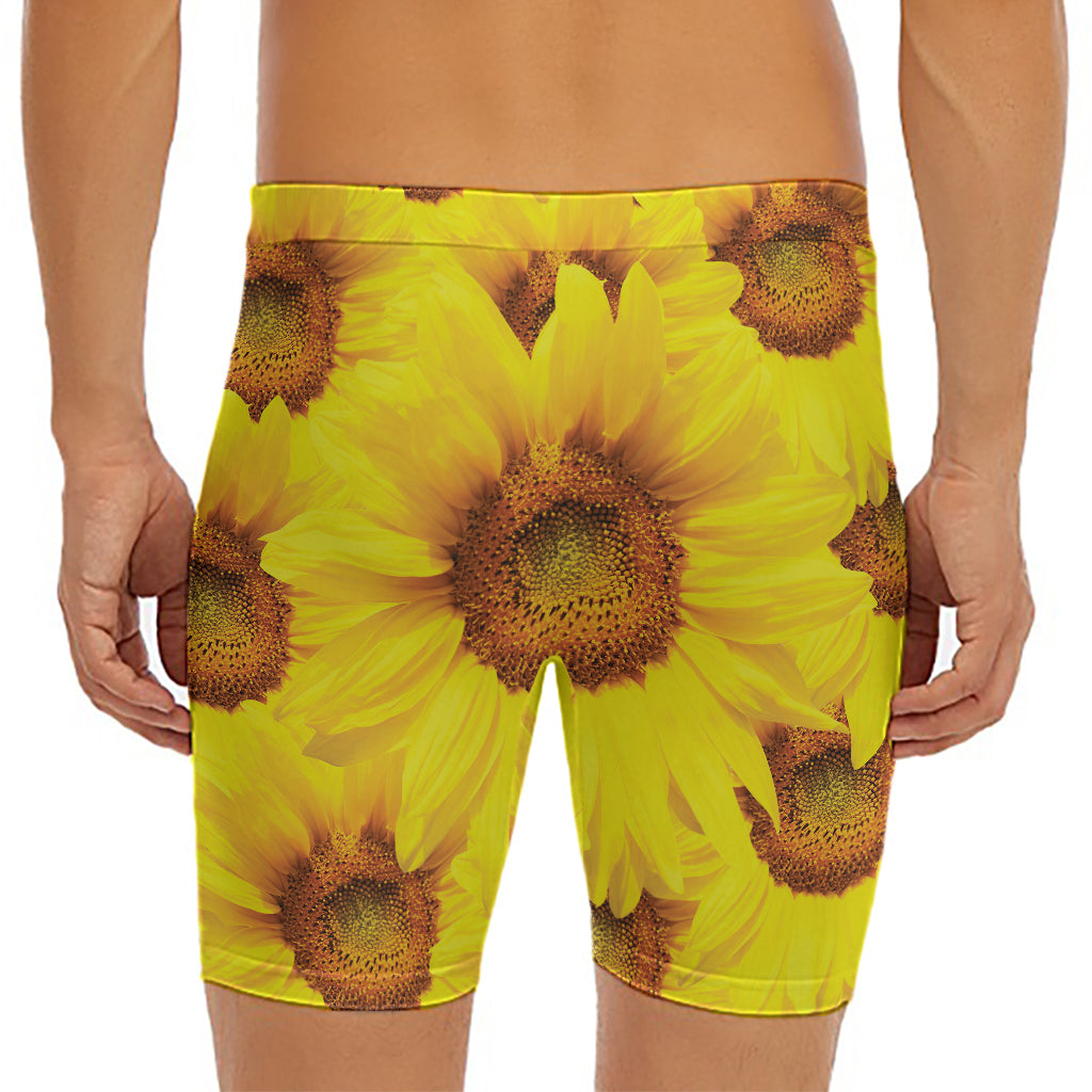 Yellow Sunflower Print Men's Long Boxer Briefs