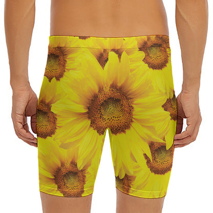 Yellow Sunflower Print Men's Long Boxer Briefs