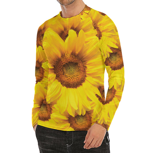 Yellow Sunflower Print Men's Long Sleeve Rash Guard