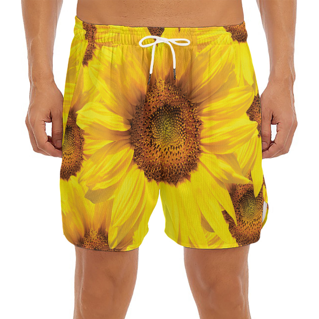 Yellow Sunflower Print Men's Split Running Shorts