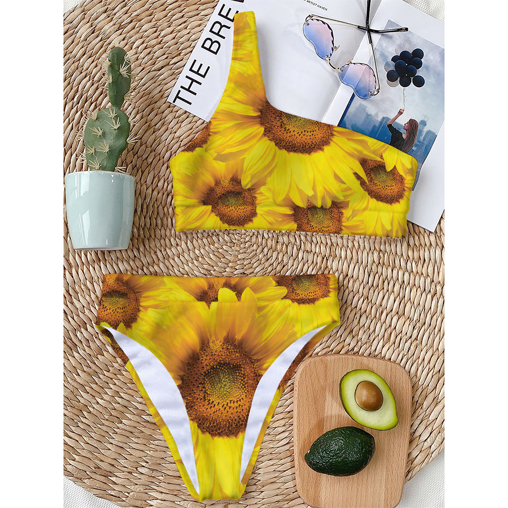Yellow Sunflower Print One Shoulder Bikini Top