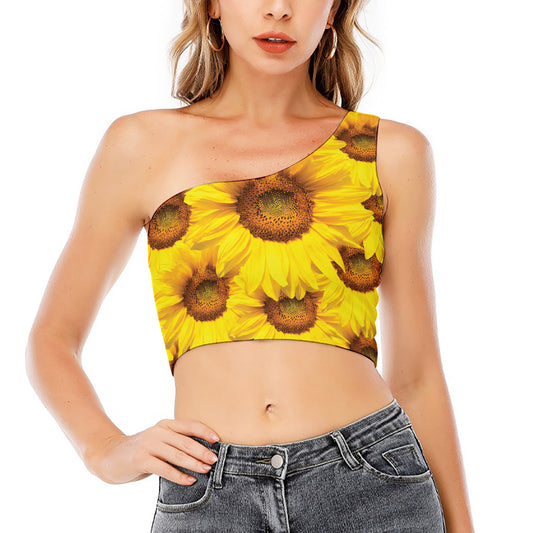 Yellow Sunflower Print One Shoulder Crop Top