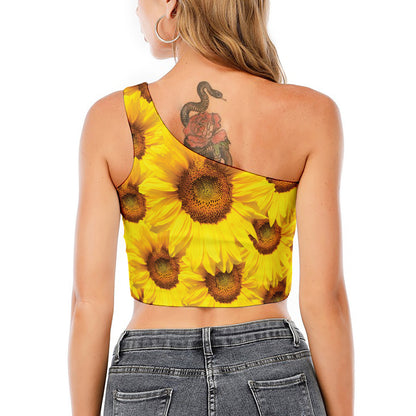 Yellow Sunflower Print One Shoulder Crop Top
