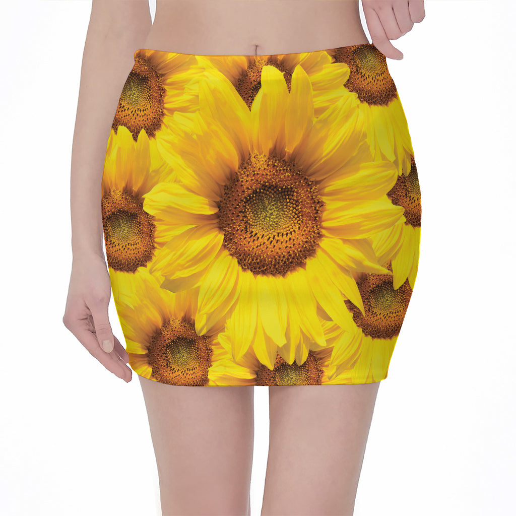 Yellow Sunflower Print Pencil Mini Skirt