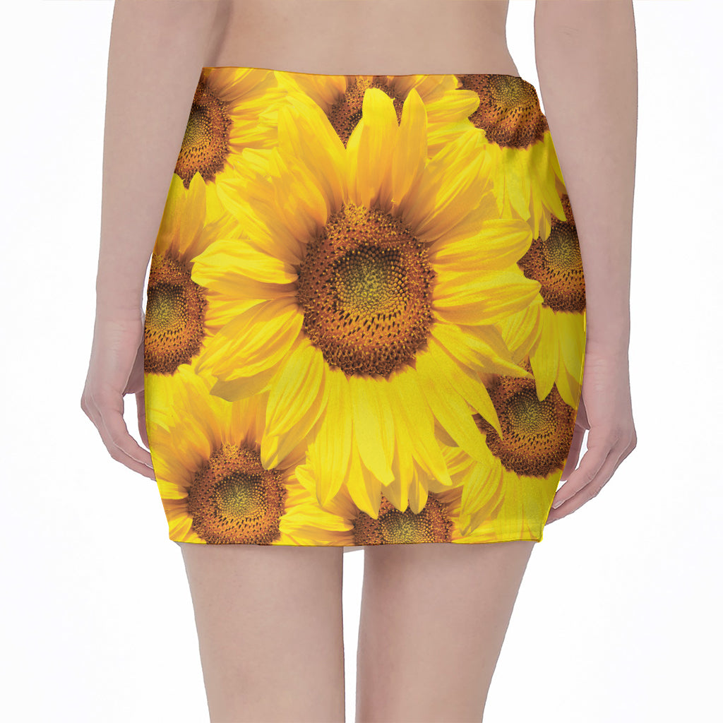 Yellow Sunflower Print Pencil Mini Skirt
